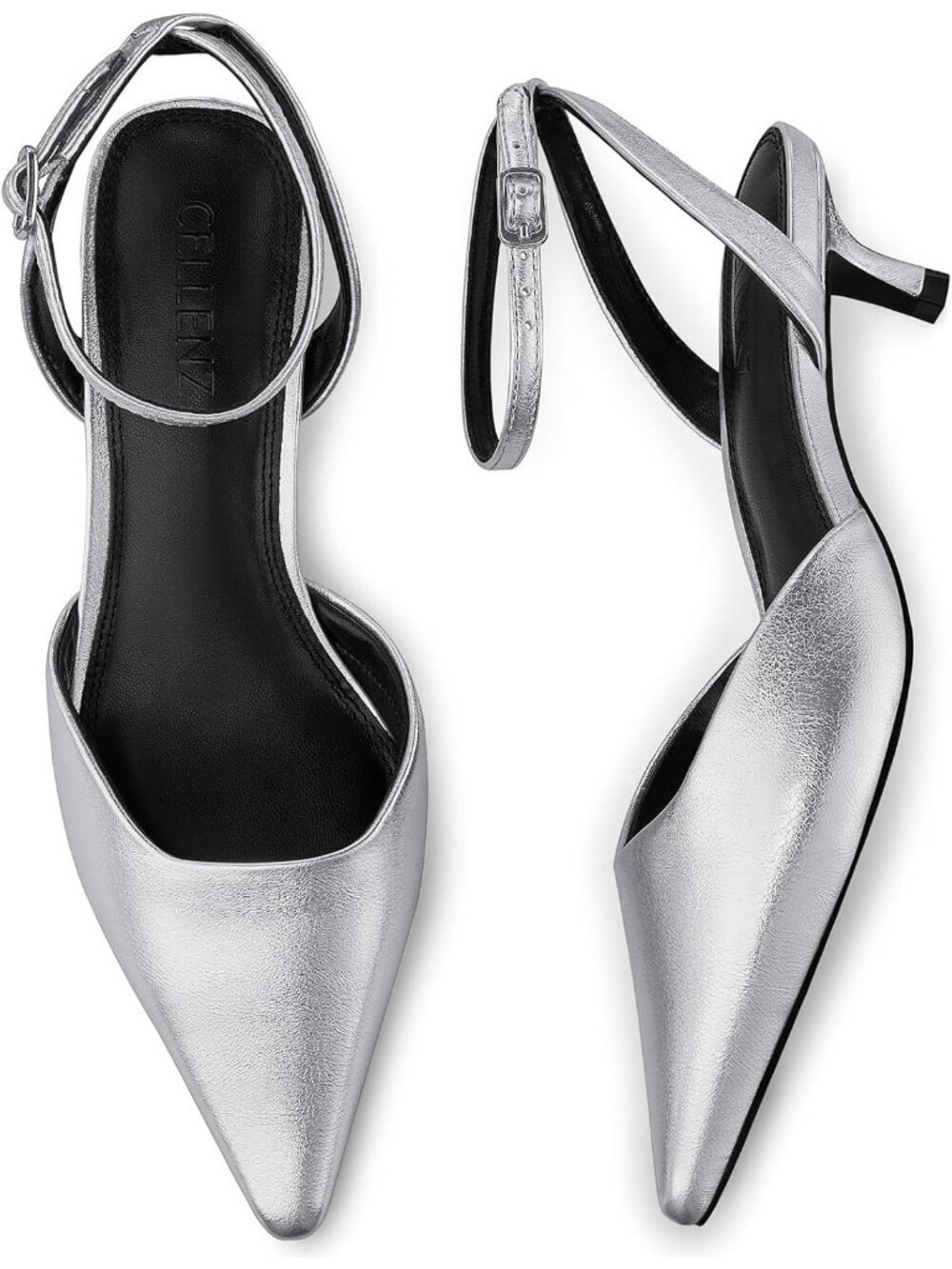 Women's Silver Low Heel Pumps 1.97 Inch Comfortable Pointed Toe Kitten Heel